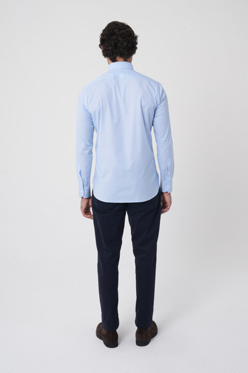 Regular Fit Erkek Uzun Kol Paşa Yaka Cepsiz Pamuk Mavi Gömlek - 8