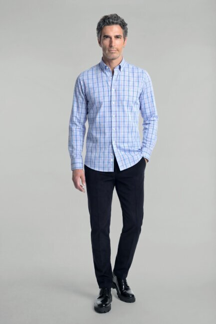 Regular Fit Erkek Uzun Kol Paşa Yaka Pamuk Mavi Gömlek - 4