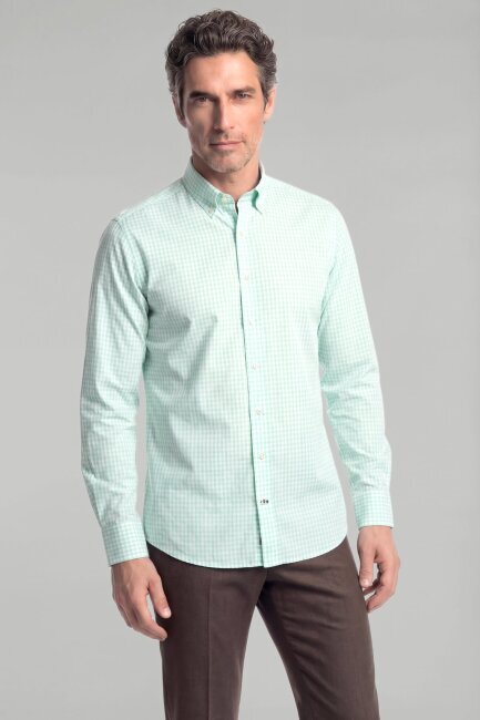 Regular Fit Erkek Uzun Kol Paşa Yaka Pamuk Yeşil Gömlek - 1