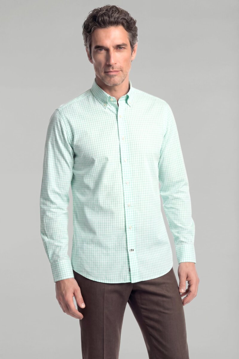 Regular Fit Erkek Uzun Kol Paşa Yaka Pamuk Yeşil Gömlek - 1