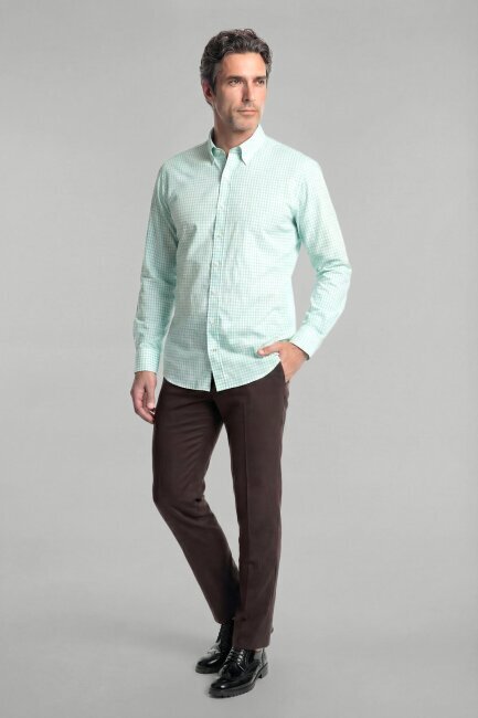 Regular Fit Erkek Uzun Kol Paşa Yaka Pamuk Yeşil Gömlek - 3