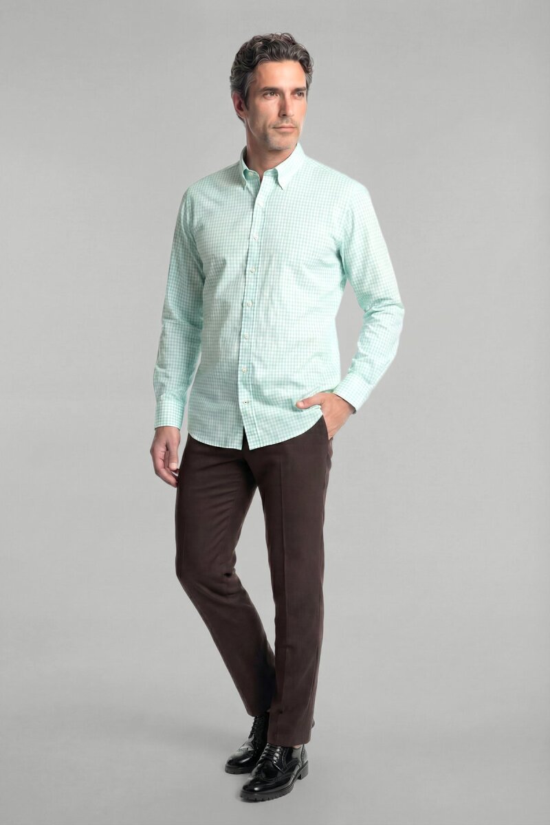 Regular Fit Erkek Uzun Kol Paşa Yaka Pamuk Yeşil Gömlek - 3