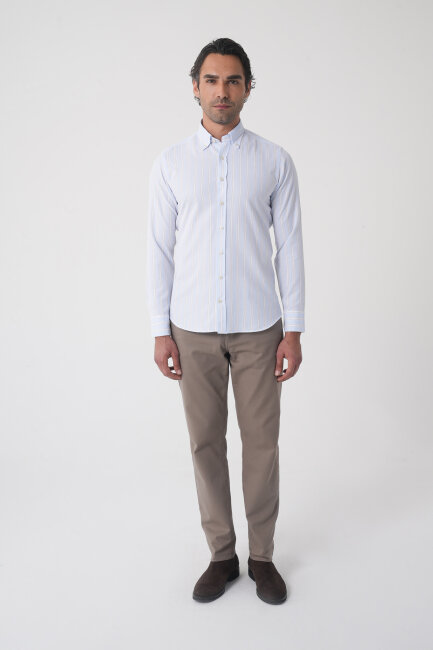 Regular Fit Erkek Uzun Kol Tek Cep Pamuk Mavi Gömlek - 3