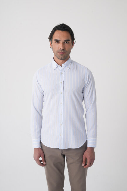 Regular Fit Erkek Uzun Kol Tek Cep Pamuk Mavi Gömlek - 1