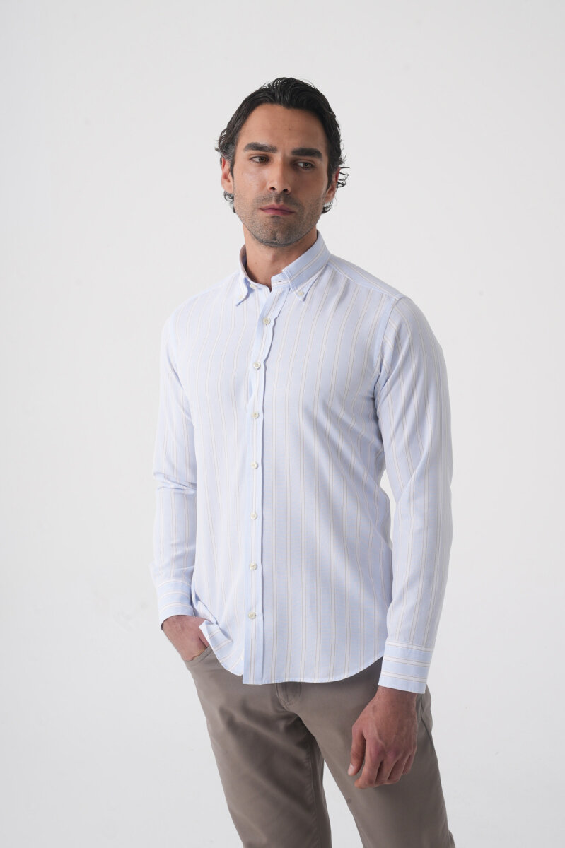 Regular Fit Erkek Uzun Kol Tek Cep Pamuk Mavi Gömlek - 2