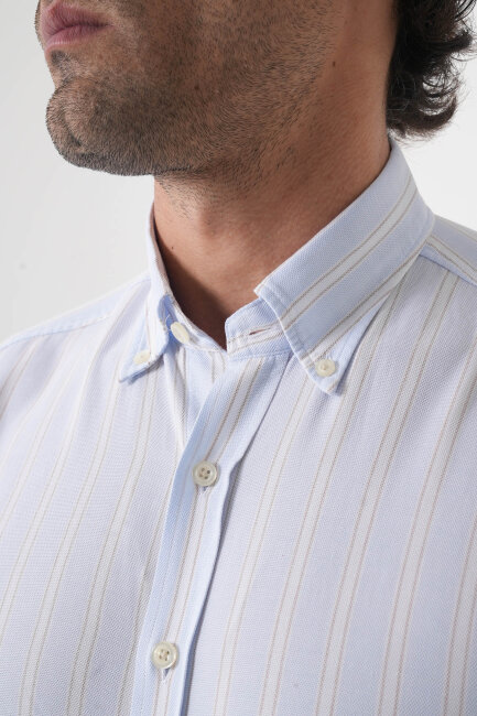 Regular Fit Erkek Uzun Kol Tek Cep Pamuk Mavi Gömlek - 5