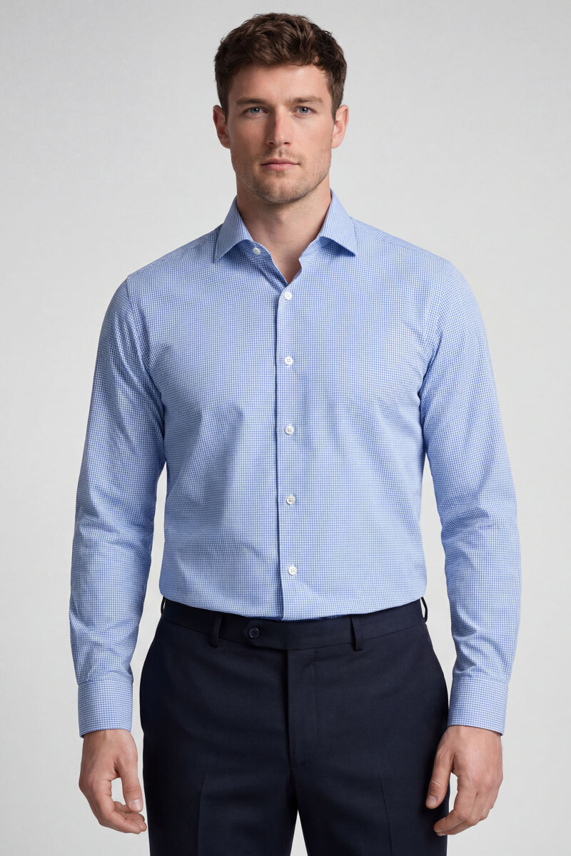 Regular Fit Erkek Uzun Kollu Cepsiz Mavi Gömlek - 1