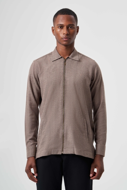 Regular Fit Fermuarlı Flanel Kahve Erkek Gömlek - 1