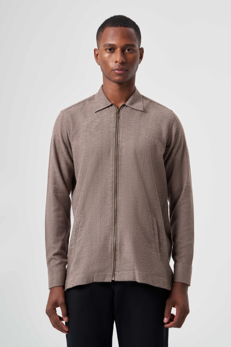 Regular Fit Fermuarlı Flanel Kahve Erkek Gömlek