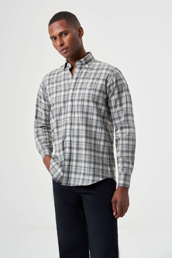 Regular Fit Flanel Ekose Desenli Yeşil Erkek Gömlek - 1