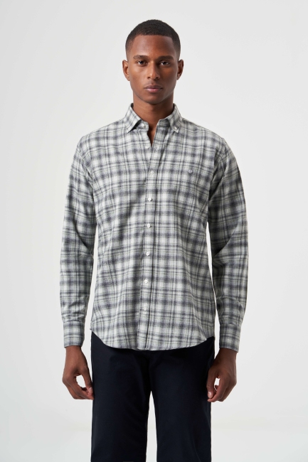 Regular Fit Flanel Ekose Desenli Yeşil Erkek Gömlek - 5