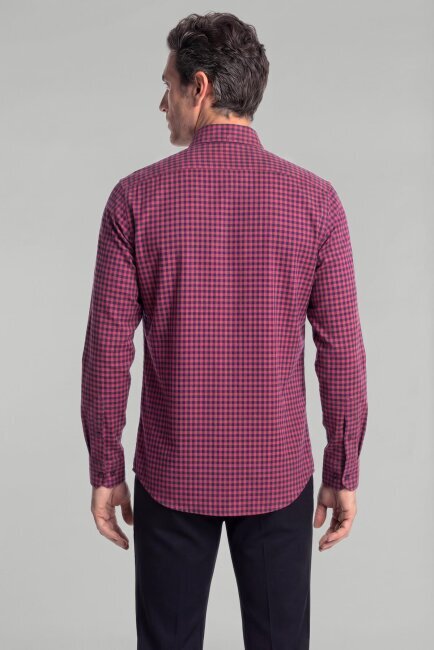 Regular Fit Flanel Mini Kareli Pamuk Kırmızı Erkek Gömlek - 2