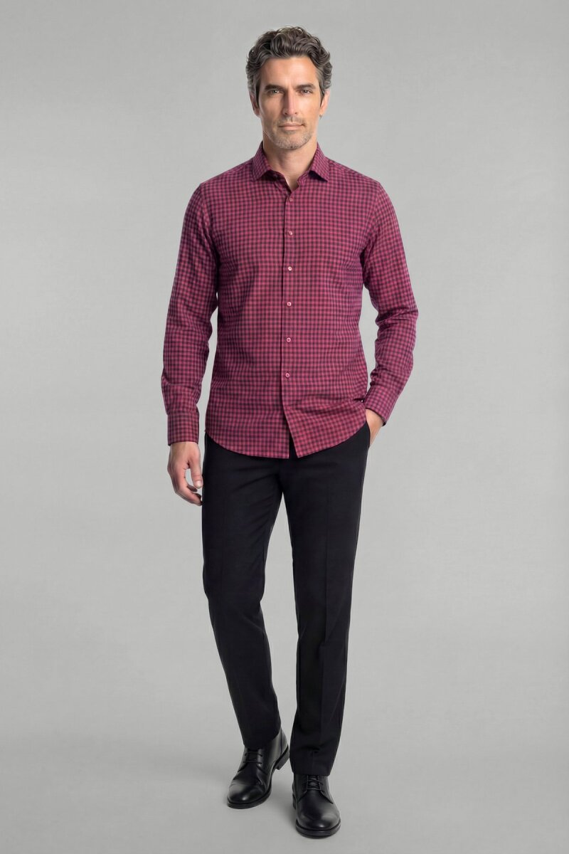 Regular Fit Flanel Mini Kareli Pamuk Kırmızı Erkek Gömlek - 4