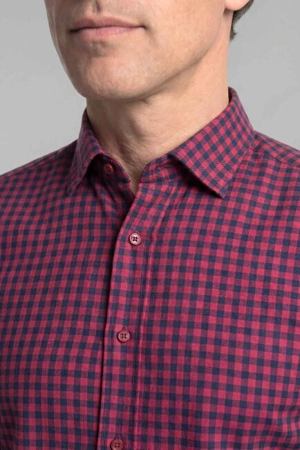 Regular Fit Flanel Mini Kareli Pamuk Kırmızı Erkek Gömlek - 3