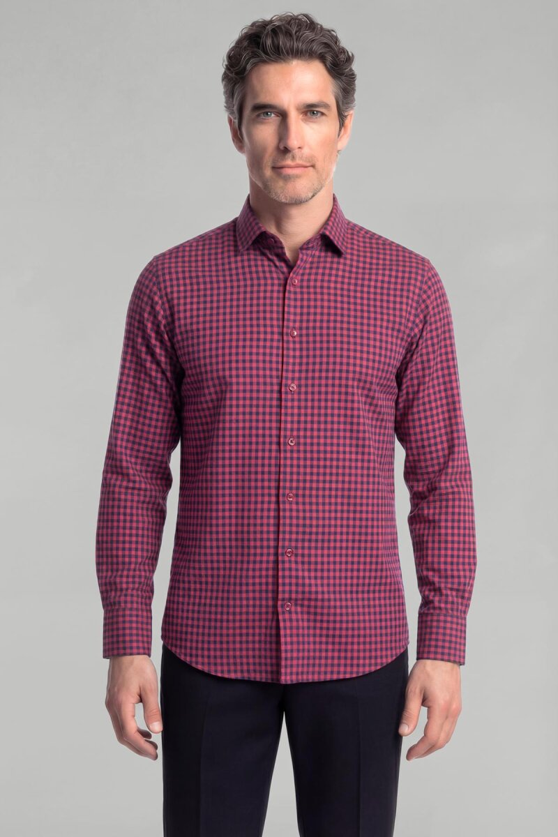 Regular Fit Flanel Mini Kareli Pamuk Lacivert Erkek Gömlek - 1