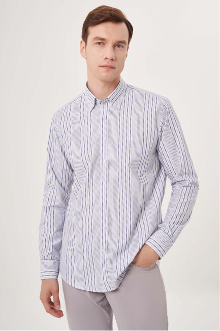 Regular Fit Gri Çizgili Spor Erkek Gömlek