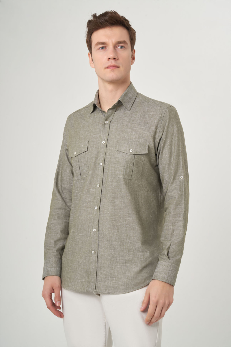 Regular Fit Haki Pamuklu Paşa Yaka Spor Erkek Gömlek - 1