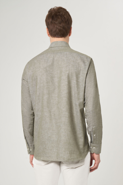 Regular Fit Haki Pamuklu Paşa Yaka Spor Erkek Gömlek - 2