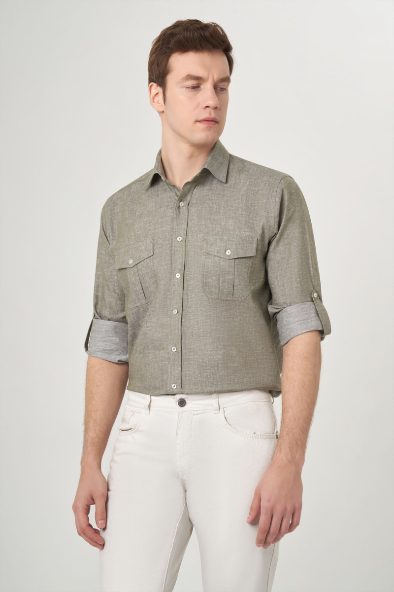 Regular Fit Haki Pamuklu Paşa Yaka Spor Erkek Gömlek - 3