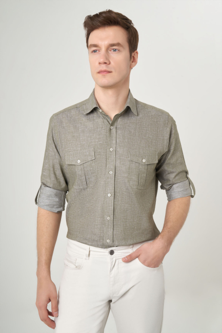 Regular Fit Haki Pamuklu Paşa Yaka Spor Erkek Gömlek - 4