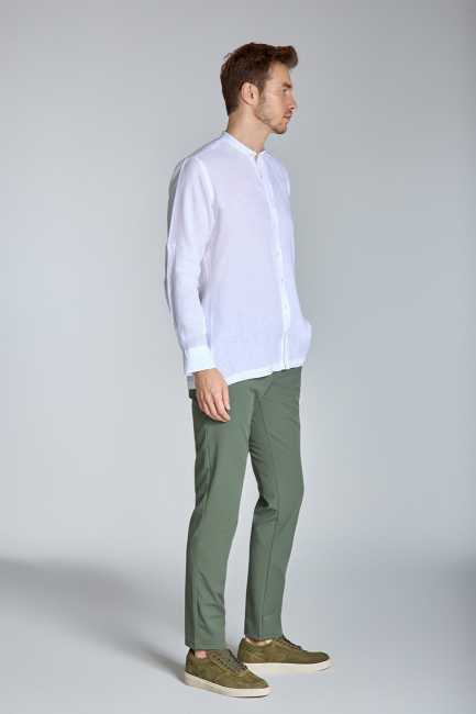 Regular Fit Hakim Yaka Beyaz Keten Erkek Gömlek - 5