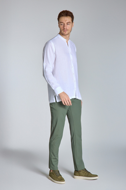 Regular Fit Hakim Yaka Beyaz Keten Erkek Gömlek - 2