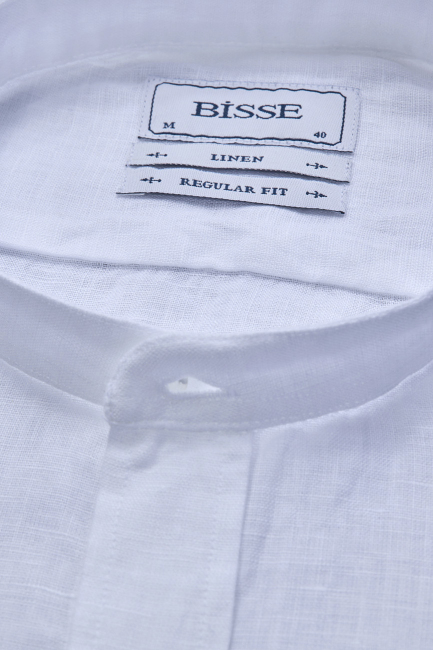 Regular Fit Hakim Yaka Beyaz Keten Erkek Gömlek - 4