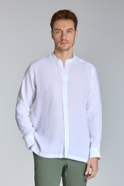 Regular Fit Hakim Yaka Beyaz Keten Erkek Gömlek - 1