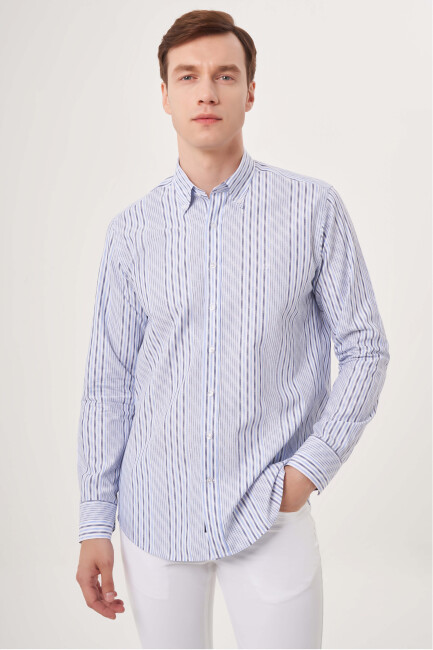 Regular Fit İnce Çizgili Mavi Spor Erkek Gömlek