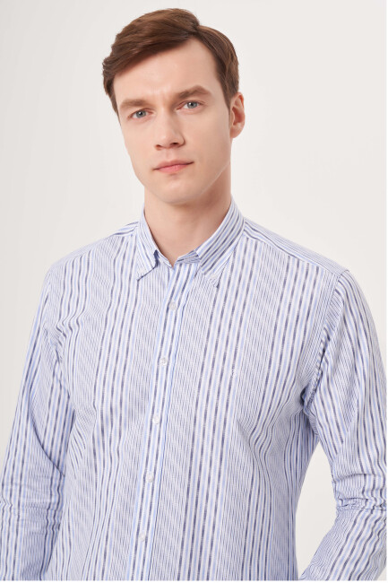 Regular Fit İnce Çizgili Mavi Spor Erkek Gömlek - 3
