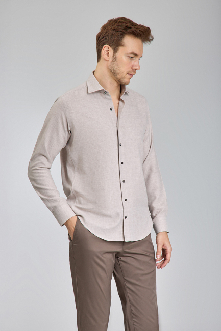 Regular Fit İtalyan Yaka Bej Pamuk Erkek Gömlek - 5
