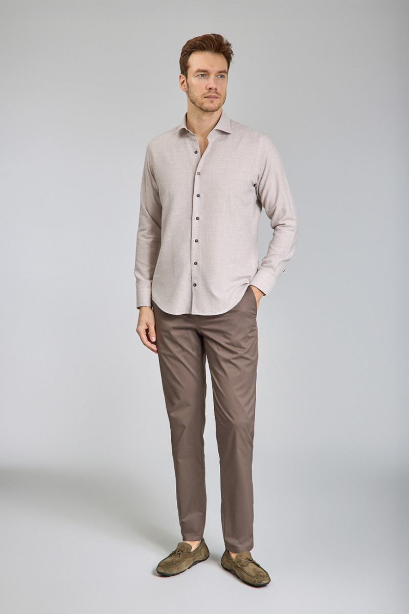 Regular Fit İtalyan Yaka Bej Pamuk Erkek Gömlek (1)