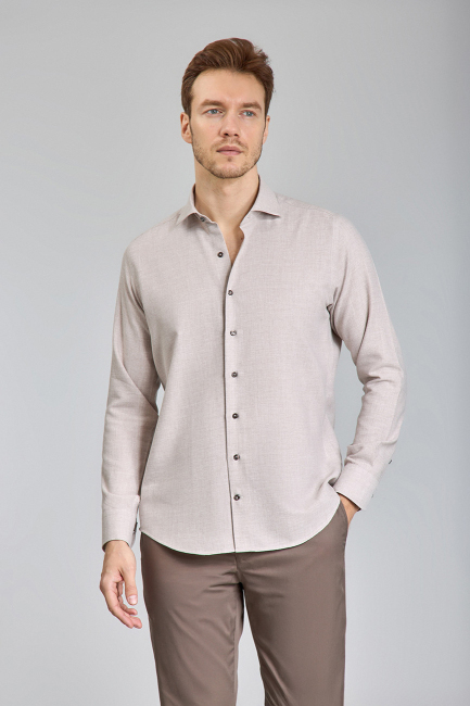 Regular Fit İtalyan Yaka Bej Pamuk Erkek Gömlek