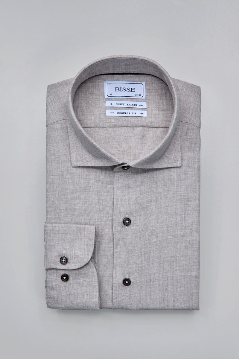 Regular Fit İtalyan Yaka Bej Pamuk Erkek Gömlek - 3