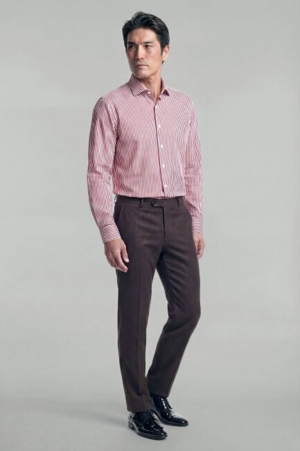 Regular Fit İtalyan Yaka Cepsiz Pamuk Bordo Erkek Gömlek - 4