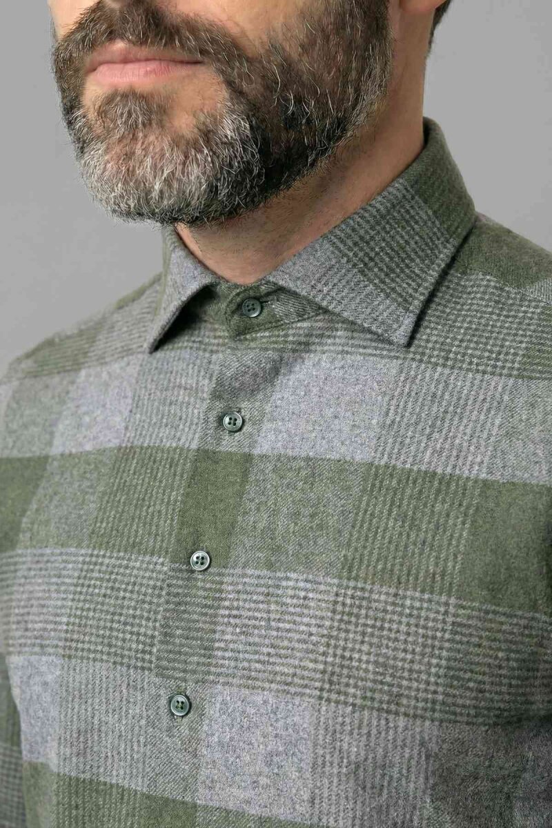 Regular Fit İtalyan Yaka Flanel Ekoseli Pamuk Yeşil Erkek Gömlek - 3