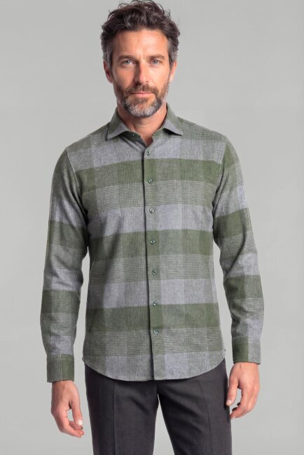 Regular Fit İtalyan Yaka Flanel Ekoseli Pamuk Yeşil Erkek Gömlek - 1