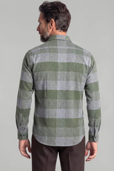 Regular Fit İtalyan Yaka Flanel Ekoseli Pamuk Yeşil Erkek Gömlek - 2