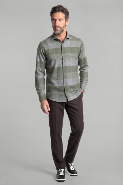 Regular Fit İtalyan Yaka Flanel Ekoseli Pamuk Yeşil Erkek Gömlek - 4