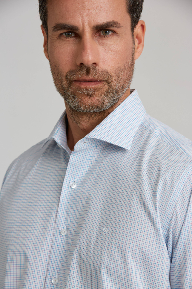 Regular Fit İtalyan Yaka Kareli Mavi Erkek Gömlek - 5