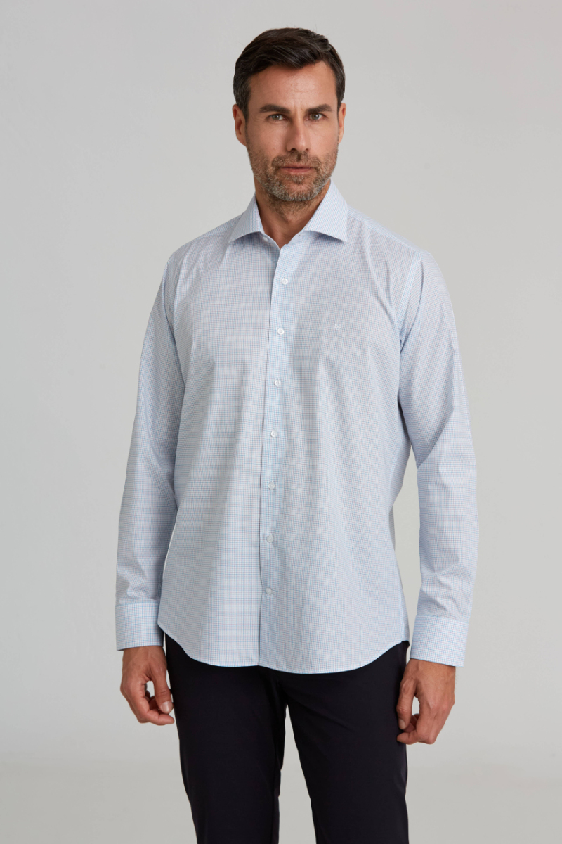 Regular Fit İtalyan Yaka Kareli Mavi Erkek Gömlek - 1