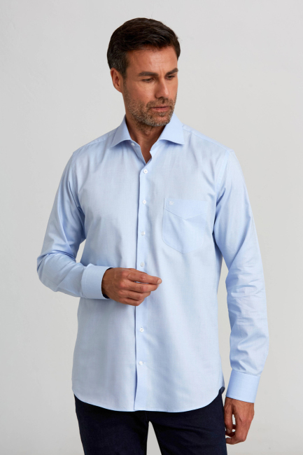 Regular Fit İtalyan Yaka Mavi Basic Erkek Gömlek - 2