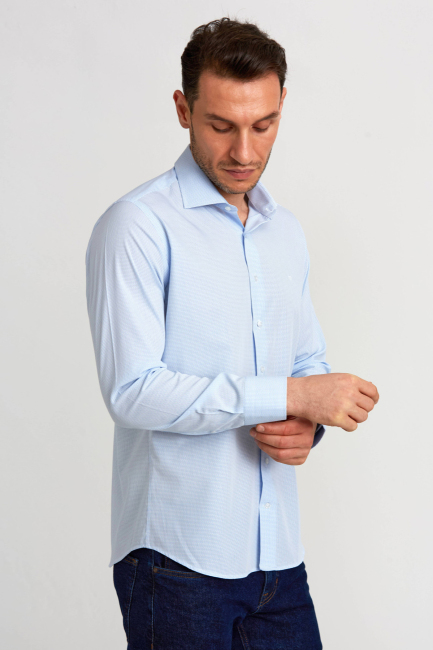 Regular Fit İtalyan Yaka Mavi Basic Klasik Erkek Gömlek - 5