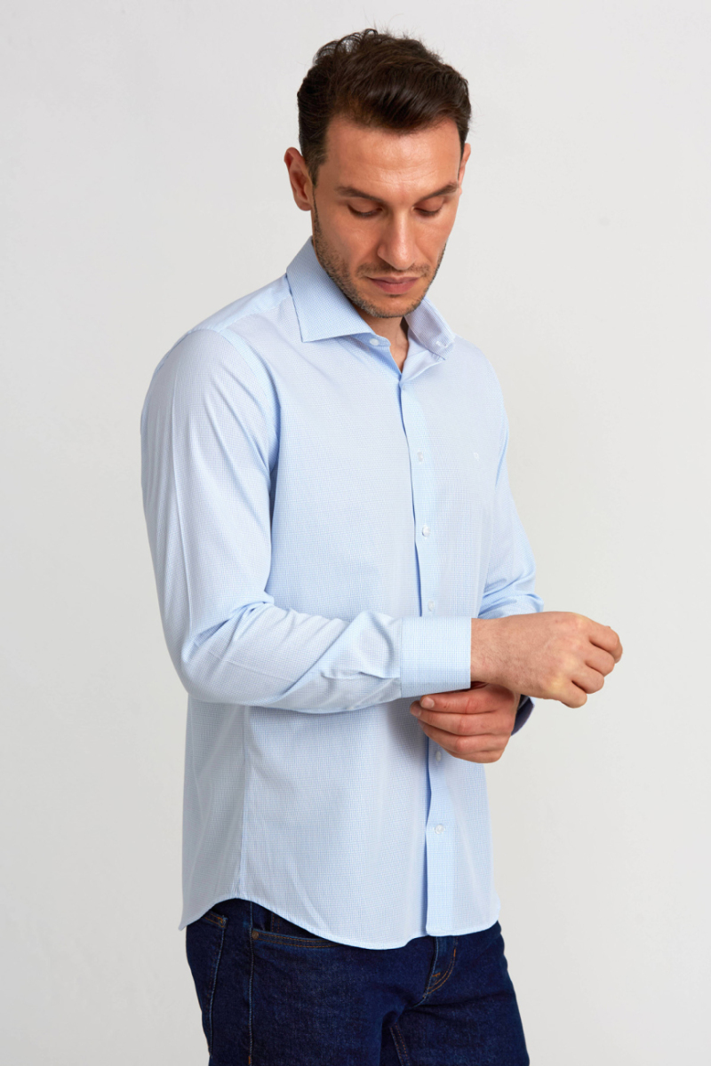 Regular Fit İtalyan Yaka Mavi Basic Klasik Erkek Gömlek - 5