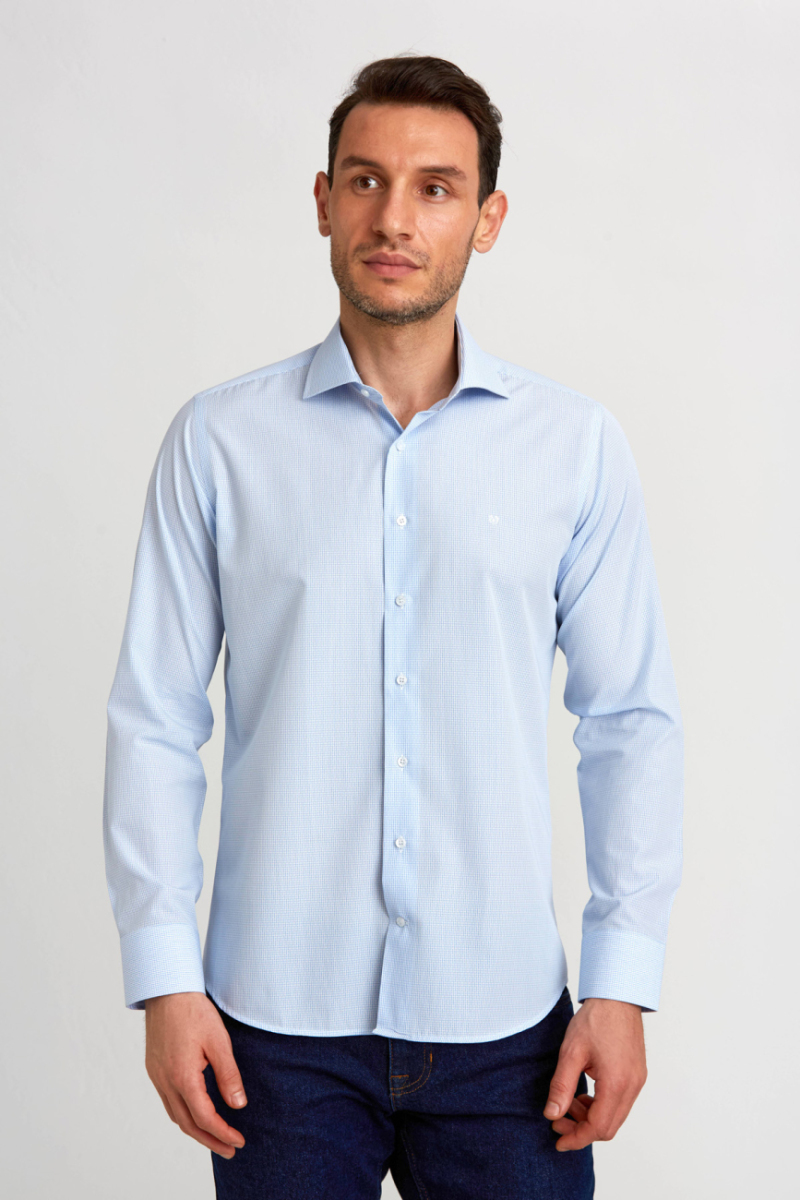 Regular Fit İtalyan Yaka Mavi Basic Klasik Erkek Gömlek - 1