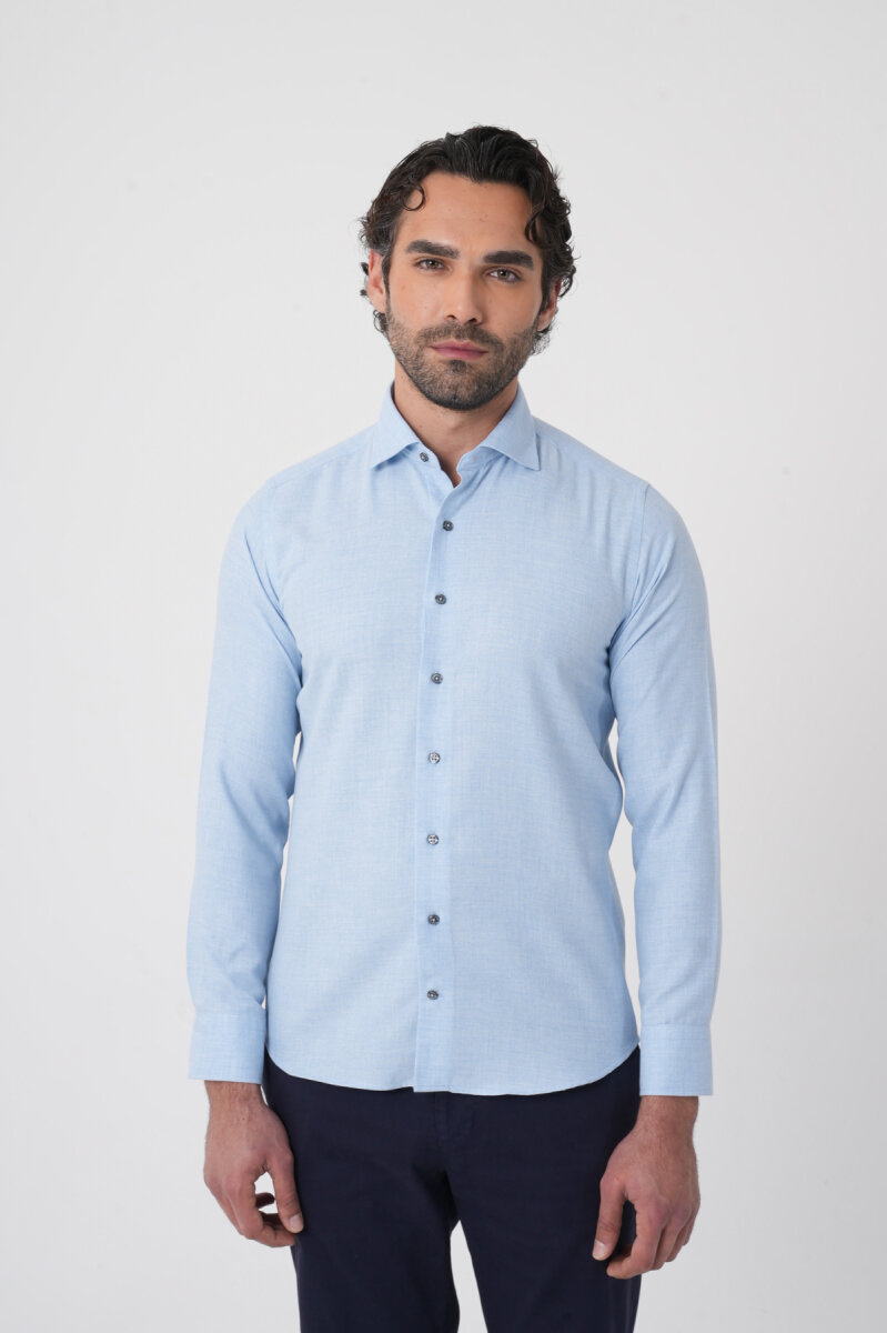 Regular Fit İtalyan Yaka Pamuk Mavi Erkek Gömlek - 1