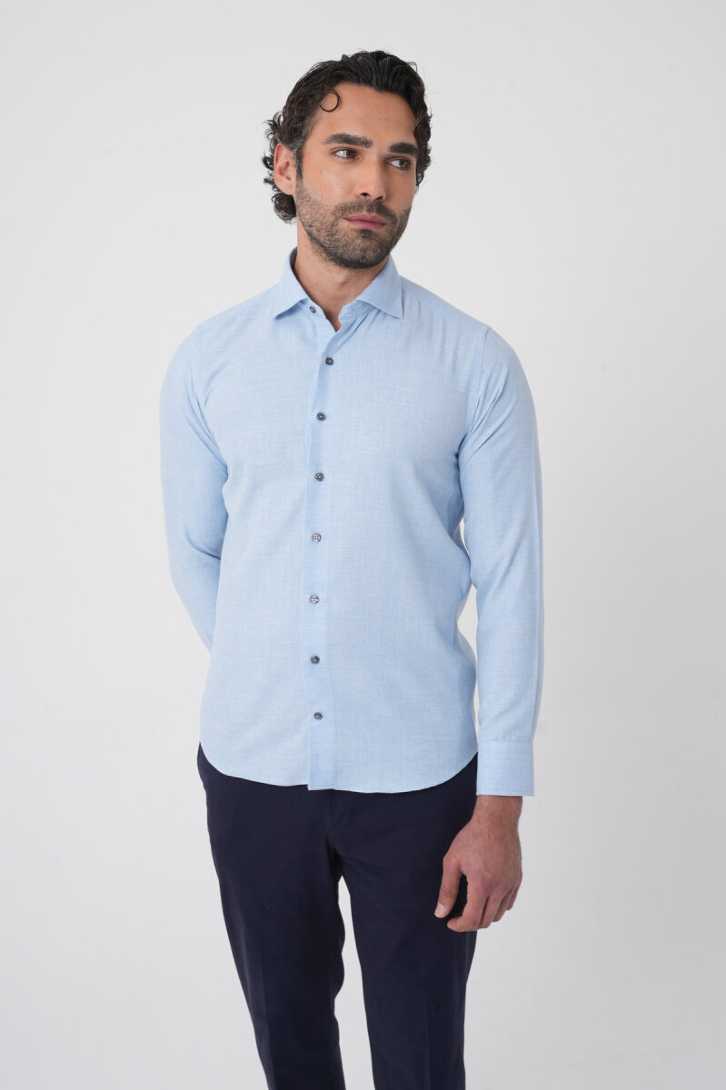 Regular Fit İtalyan Yaka Pamuk Mavi Erkek Gömlek - 2