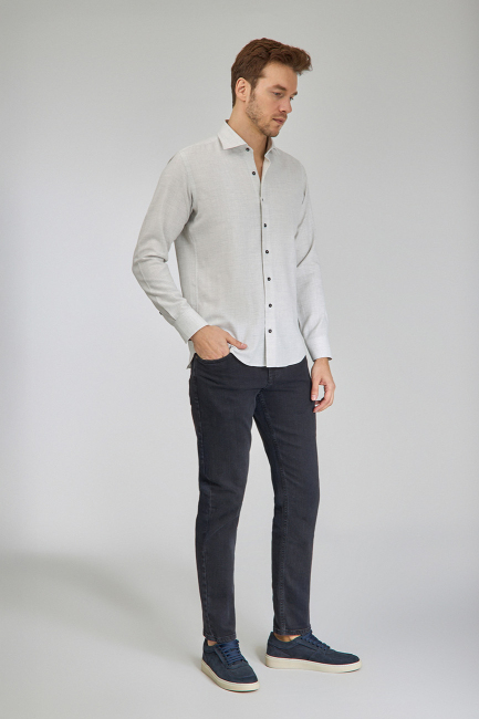 Regular Fit İtalyan Yaka Taş Pamuk Erkek Gömlek - 5