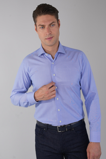 Regular Fit İtalyan Yaka Uzun Kol Pamuk Mavi Erkek Gömlek - 1