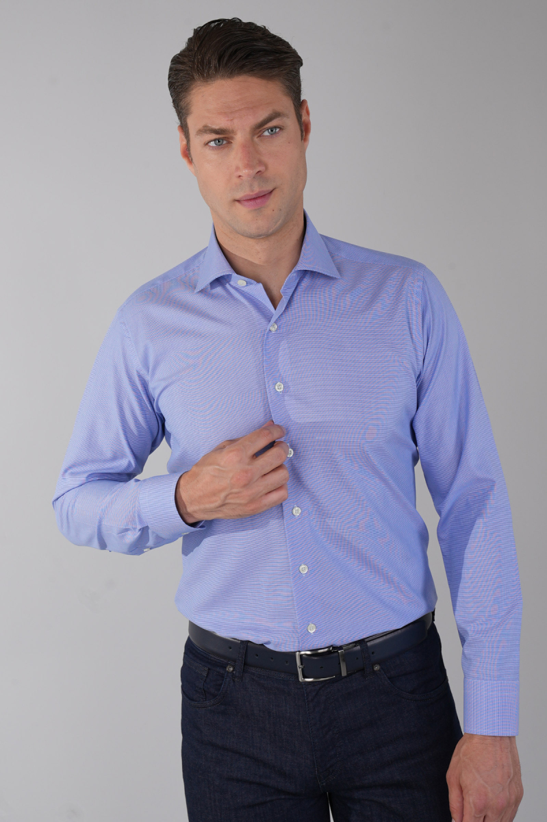 Regular Fit İtalyan Yaka Uzun Kol Pamuk Mavi Erkek Gömlek - 1